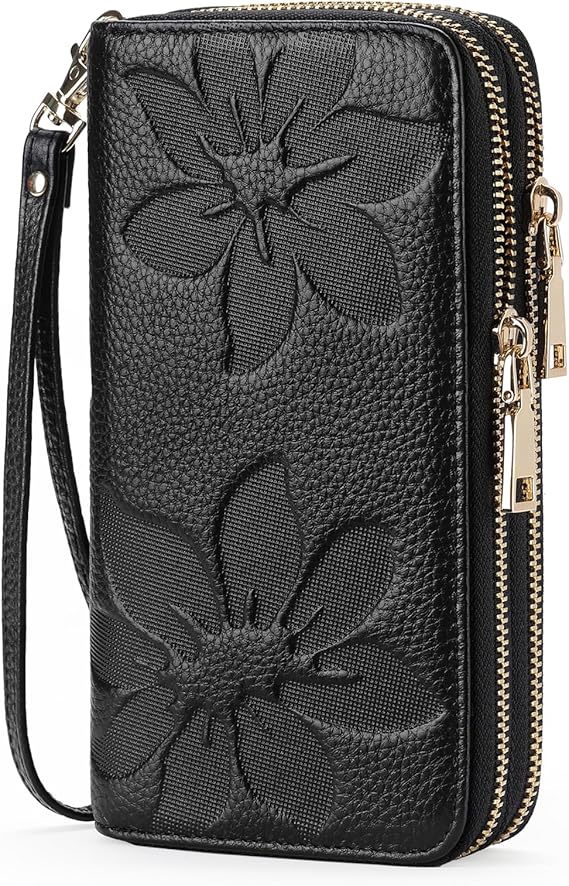Women's Wallet Large Capacity Double Zip Ladies Card Phone Holder RFID Blocking Wristlet Leather