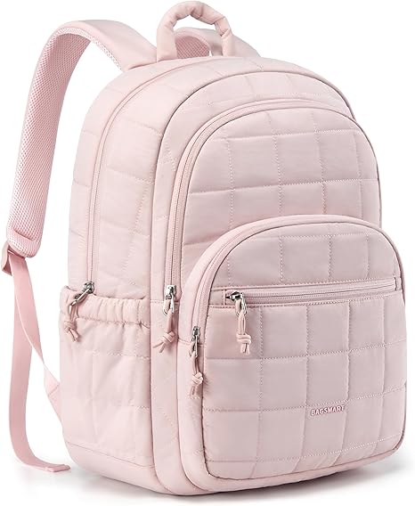 College Laptop Backpack, Travel Laptop Backpack for Women, Quilted Casual Daypack, Water-Resistant Bookbag for 15.6 Inch Laptop, Pink