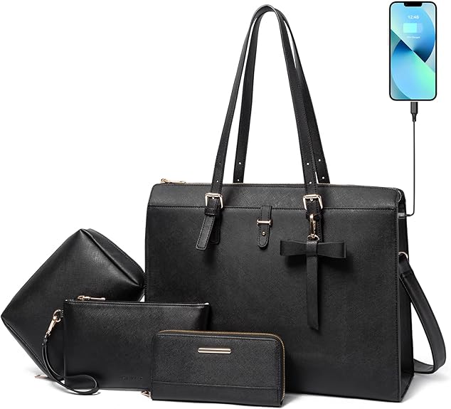  Sets Laptop Bag for Women Large Leather Laptop Briefcase with USB Charging Port Computer Shoulder tote Bags Purse