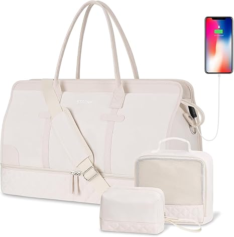 Weekender Overnight Bags for Women, Large Travel Duffle Bags with Shoe Compartment & Wet Pocket, Carry On Tote Bag Gym Duffel Bag with Toiletry Bags for Hospital 3 Pcs Set, Large Size, Beige