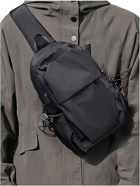 Small Black Sling Crossbody Backpack Shoulder Bag for Men Women, Lightweight One Strap Back Pack Sling Bag Backpack for Hiking Walking Biking Travel Cycling USB Charger Port-Nylon