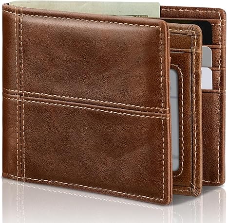 Mens Wallet Genuine Leather Bifold RFID Blocking Wallet for Men, 2 ID Windows 12-13 Card Holders, Gift Box