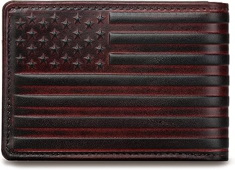 Leather Bifold Wallet for Men - 12 Slots, RFID Blocking, USA Flag, Red