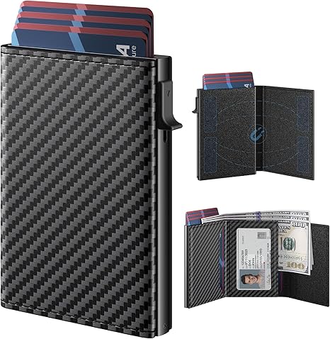  Mens Wallet Card Holder: Pop Up Aluminum Case, Genuine Leather, Smart, RFID Blocking, Slim, Minimalist, Front Pocket - 9-14 Card Capacity | ID Window | Cash Slot (Carbon Fiber)