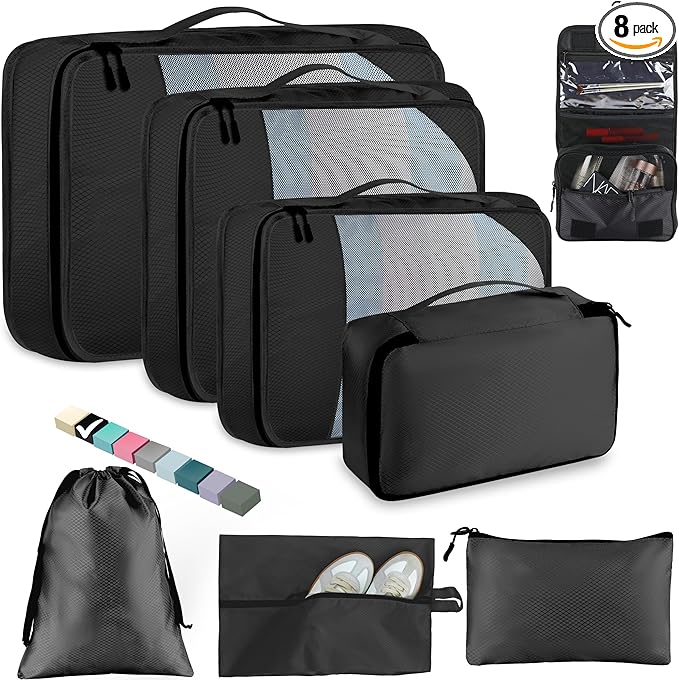 8 Set Packing Cubes for Travel Women Men Kids, Mesh Suitcase Organizer Bags Set for Luggage, 4 Sizes Extra Large, Large, Medium, Small, Travel Camping Essentials Accessories, Black
