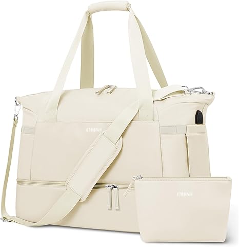Bag for Women, Personal Item Travel Bag with Shoes Compartment, Weekender Overnight Duffel Bag with Wet Pocket & USB Charging Port, Carry On Bag for Women, Travel, Gym, Weekend (Beige)