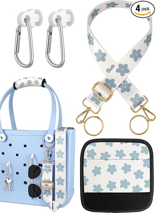 Bag Strap Charms Crossbody for Bogg Bag Accessories - Shoulder Strap Neoprene Luggage Handle Wrap for Suitcase & 2 Key Holders Blue Flower