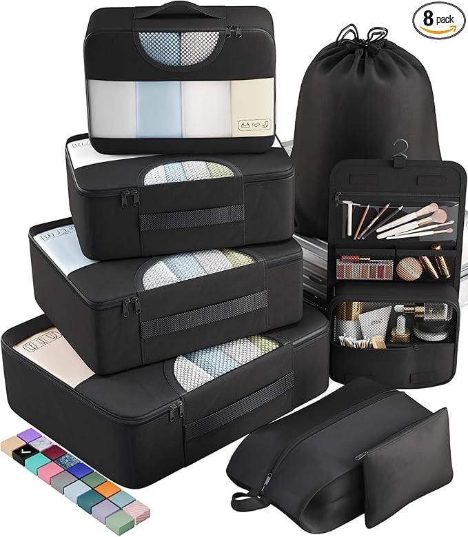  8 Set Packing Cubes for Travel Essentials, Suitcase Organizer Bags Set for Luggage, Road Trip Travel Accessories in 4 Sizes (Extra Large, Large, Medium, Small), Black