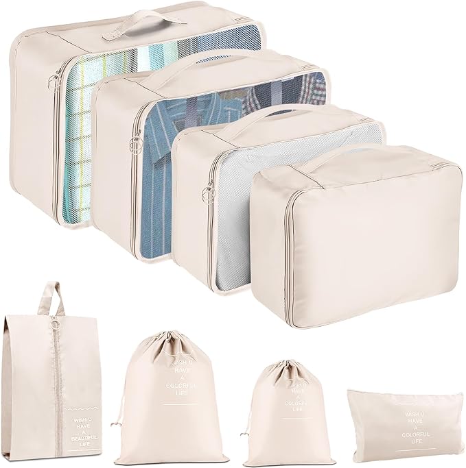 8 Set Luggage Organizer Bags for Family, Mesh Breathable Travel Packing Cubes for Suitcases Durable Travel Essentials Bags Set