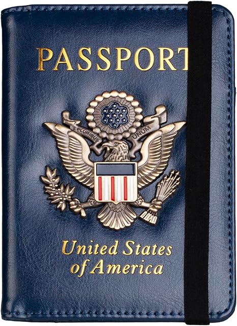  RFID Blocking Passport Holder for Women Men, Leather Passport Travel Wallet with Metal 3D Metal Badge, Travel Document Holder Cover Accessories (Dark Blue)