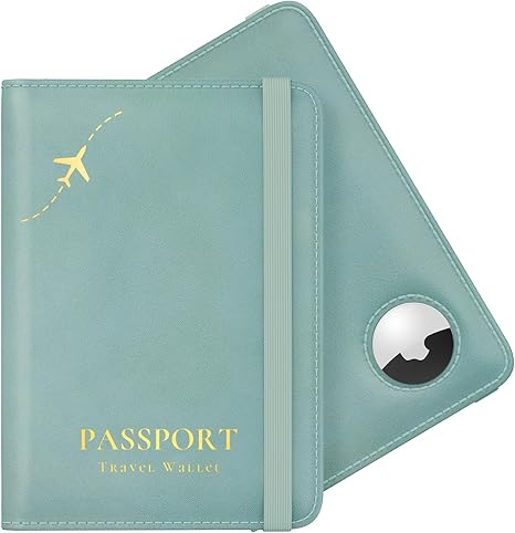 Passport Holder, Cute Passport Holder with Airtag Slot, RFID Passport Wallet Cover for Women, Family Leather Passport Protector Case, Anti-Lost Travel Essentials, Sky Blue