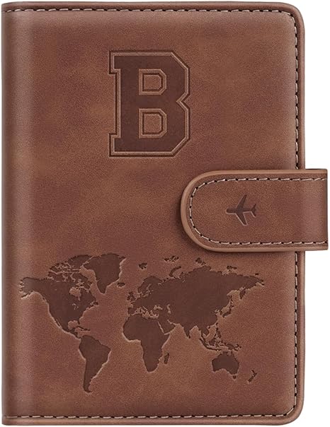 Passport Holder Wallet Cover Personalized Letter A-Z Travel Wallet RFID Blocking Passport Cover Wallet Case for Travel Passport Book Holders for Women and Men, Brown-B