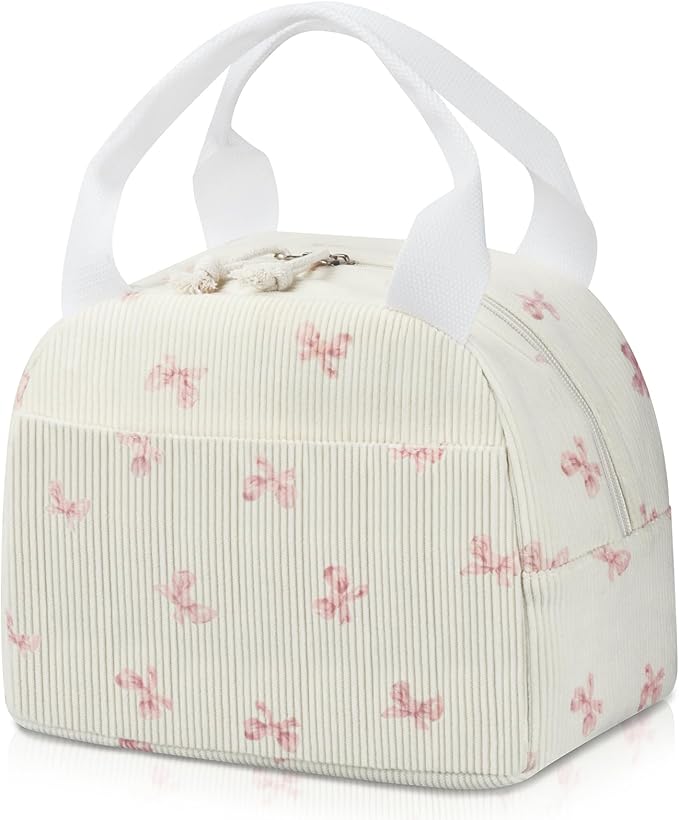  Lunch Bag Women, Reusable Corduroy Cute Lunch Box, Leakproof Floral Lunch Tote Bag with Large Capacity, Small Cooler Lunch Container for Work Office Travel Picnic (Pink Bow)