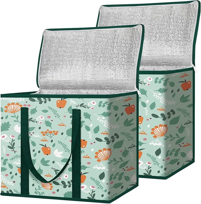 Insulated Reusable Grocery Bags, Collapsible Cooler Bag for Groceries, Heavy Duty Large Insulated Bag (16''x9''x13'', Spring Stroll)