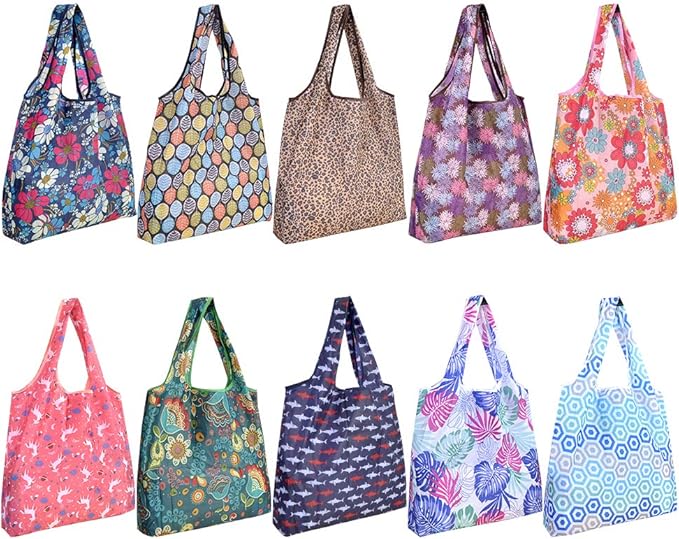 10 Pack Reusable Grocery Shopping Bags, Foldable Shopping Bags Grocery Tote with Attached Pouch,Machine Washable Eco-Friendly.