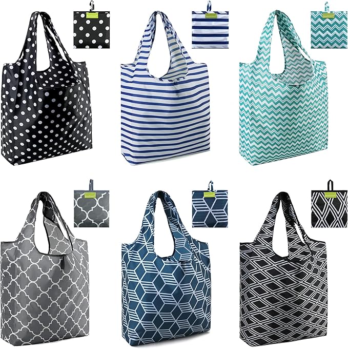 Foldable Reusable Grocery Bags - Heavy Duty 6 Pack with Handles | Large Holiday Gift for Women & Men, Birthday Gift Ideas,Collapsible Cloth Storage for Market Trips, Beach Outings​