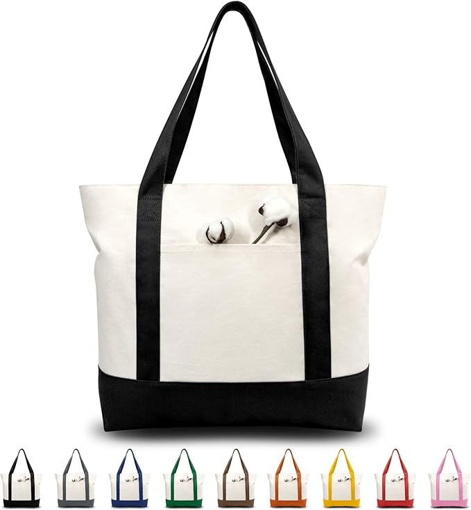 1 | 3 | 6 | 30 Pack Canvas Tote Bag with an External Pocket, Reusable Grocery Shopping Bag, Top Zipper Closure, Daily Essentials (Black/Natural Pack of 1)
