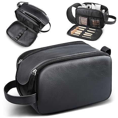 Travel Toiletry Bag - Water Resistant Travel Essentials for Women and Men, Compact Leather Toiletries Organizer with Handle, Versatile Cruise Ship Essentials, Black, Medium