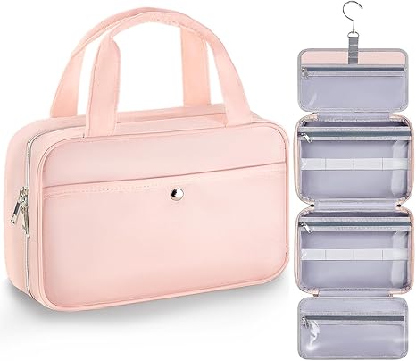 Travel Hanging Toiletry Bag for Women - Waterproof Cosmetic Organizer with Clear Window, Lightweight Bathroom Bags for Essentials, Makeup, Shampoo, Toiletries (Pink, Medium)