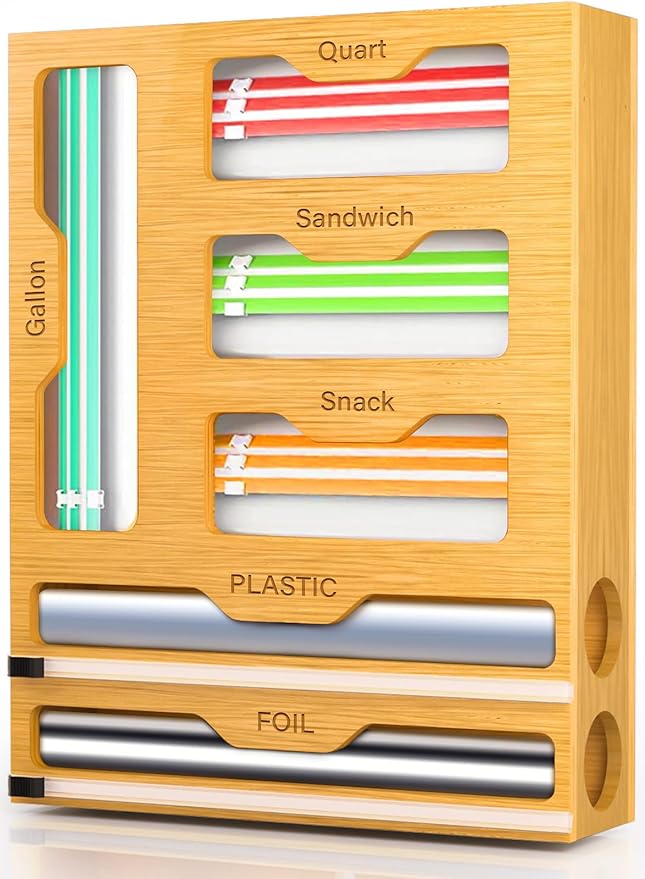Bag Organizer and Plastic Wrap Dispenser with Cutter, 6 In 1 Bamboo Foil and Plastic Wrap Organizer for Kitchen Drawer, Food Storage Bag Organizer for Gallon,Quart,Sandwich,Snack(Yellow)