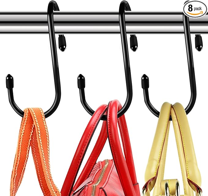 Purse Hanger for Closet, 8 Pack Unique Twist Design Black Vinyl Coated Bag Hanger Hooks, 5 Inch Large Closet Rod Hooks Organizer for Hanging Handbags, Belts, Hat, Backpack, Jeans
