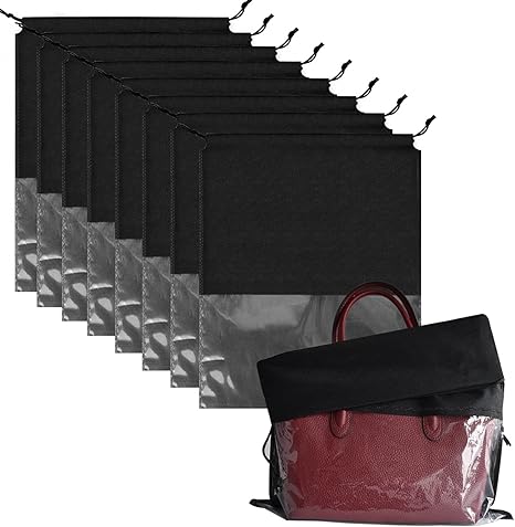 8PCS Dust Bags for Handbags Jumbo Travel Shoe Bags Purses Organizers Storage Bags with Rope Clear Window Dustproof Drawstring Bag Storage Pouch for Men and Women - Black, 19.7 x 15.7 in